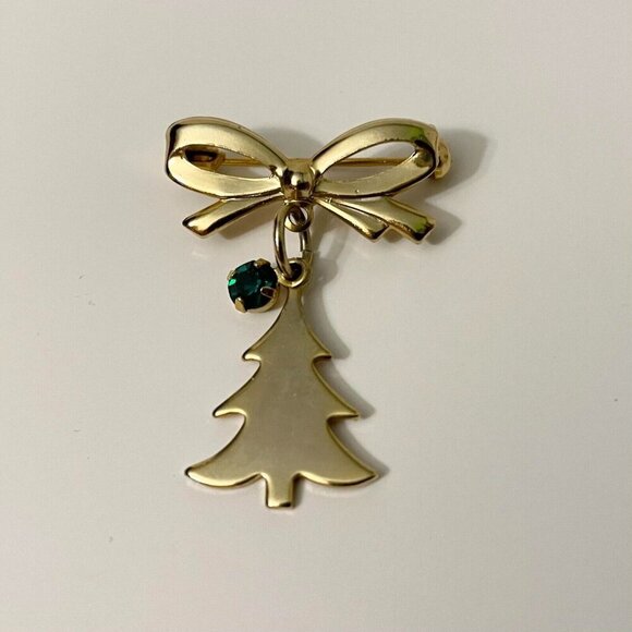 Vintage Christmas Pin Brooch Bow Tree Green Rhinestone Dangle - Picture 1 of 12